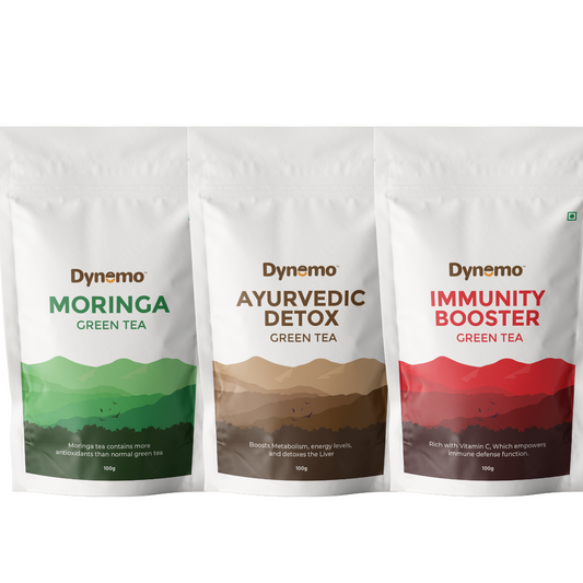Dynemo Ayurvedic Detox Green Tea 100g + Dynemo Moringa Green Tea 100g + Dynemo Immunity Booster green Tea 100g