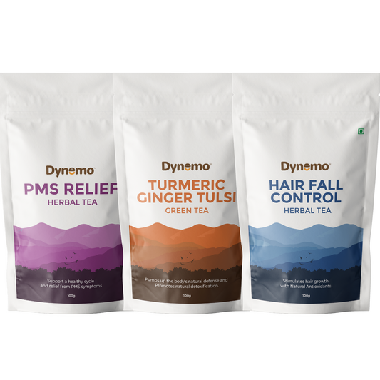 Dynemo Hair fall Control Herbal Tea 100 g + Dynemo PMS Relief Herbal Tea 100g + Dynemo Turmeric Ginger Tulsi Green Tea 100g