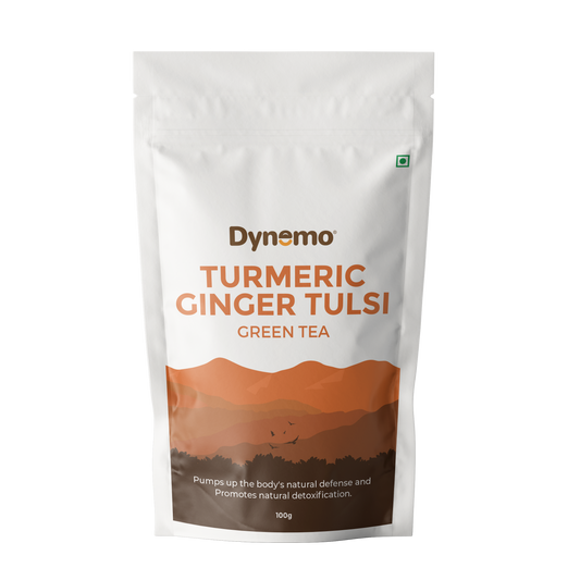 Dynemo Turmeric Ginger Tulsi Green Tea.