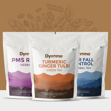 Dynemo Hair fall Control Herbal Tea 50 g + Dynemo PMS Relief Herbal Tea 50g + Dynemo Turmeric Ginger Tulsi Green Tea 50g