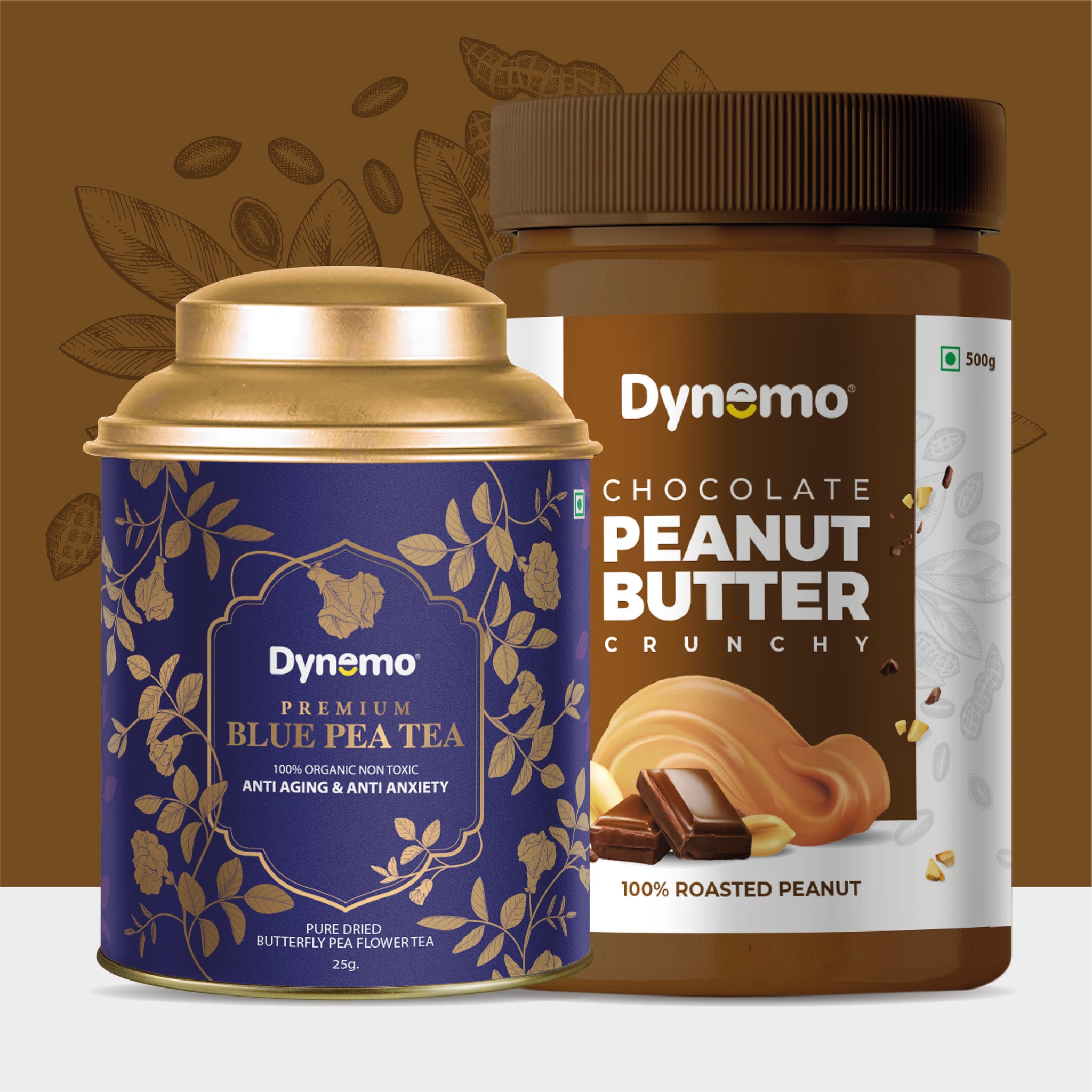 Dynemo Chocolate CRUNCHY Peanut Butter 500g + Dynemo Blue Pea tea 25g.