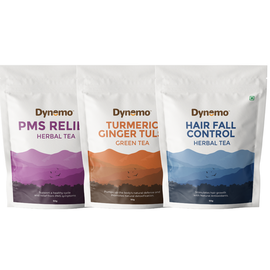 Dynemo Hair fall Control Herbal Tea 50 g + Dynemo PMS Relief Herbal Tea 50g + Dynemo Turmeric Ginger Tulsi Green Tea 50g