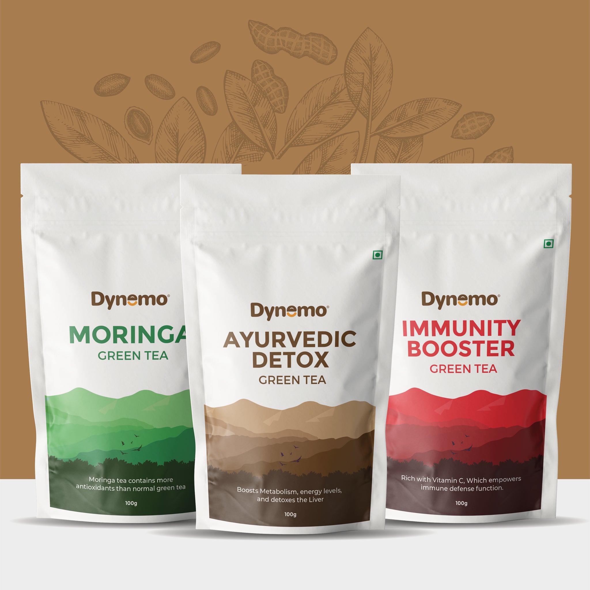 Dynemo Ayurvedic Detox Green Tea 100g + Dynemo Moringa Green Tea 100g + Dynemo Immunity Booster green Tea 100g