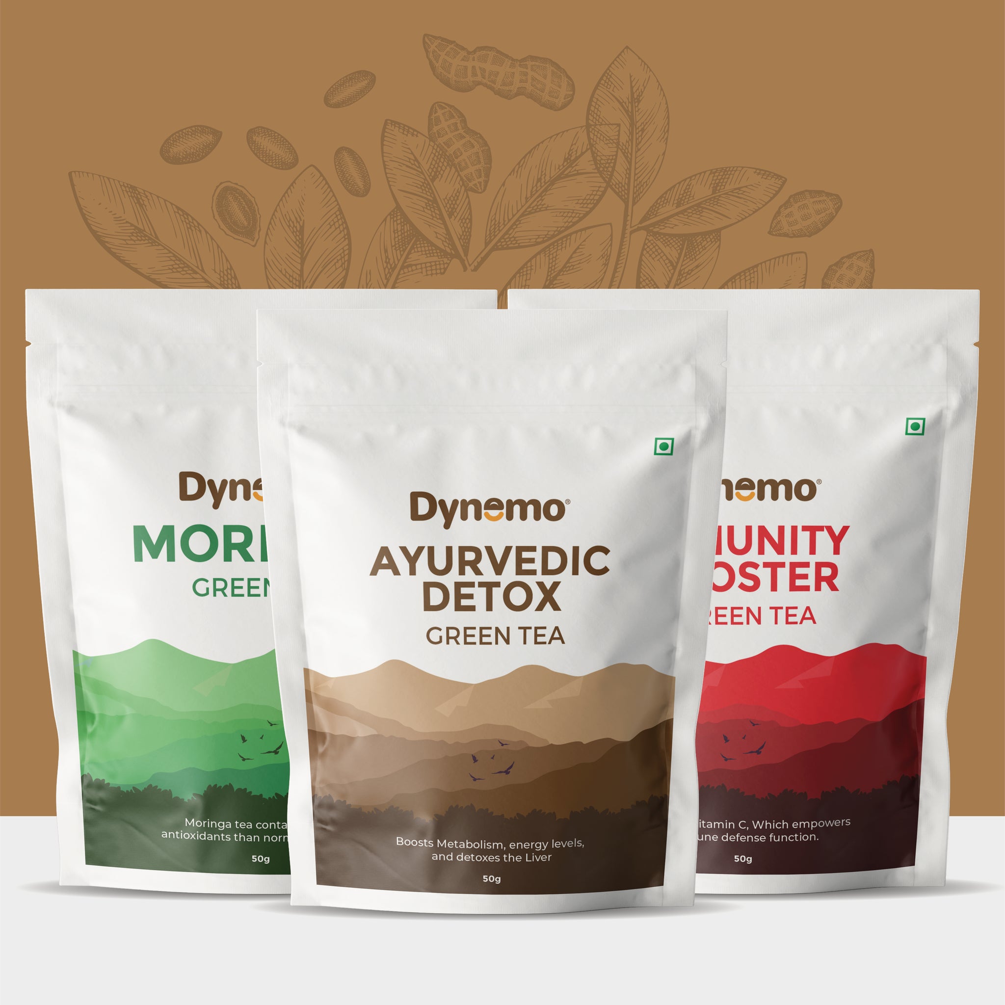 Dynemo Ayurvedic Detox Green Tea 50g + Dynemo Moringa Green Tea 50g + Dynemo Immunity Booster green Tea 50g