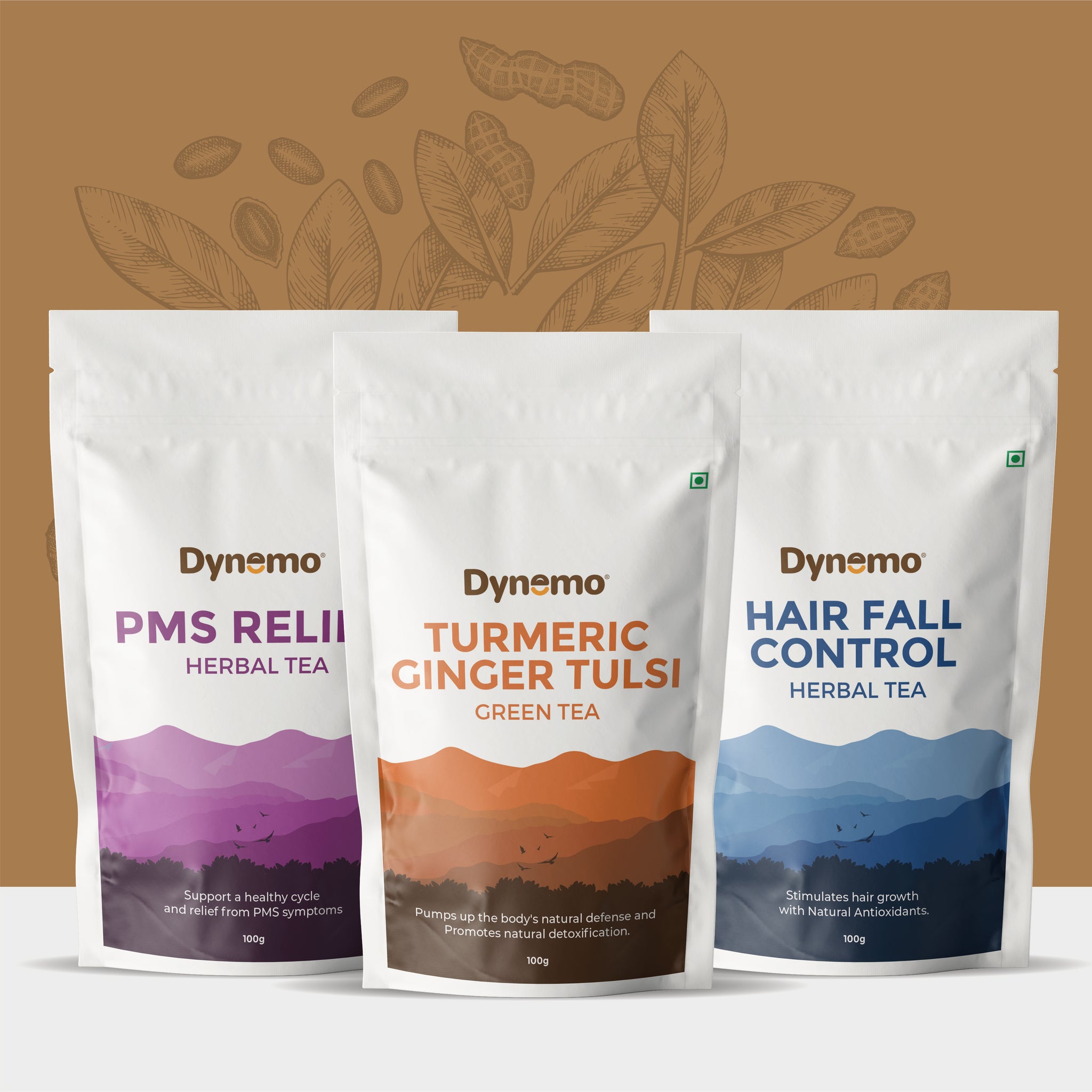 Dynemo Hair fall Control Herbal Tea 100 g + Dynemo PMS Relief Herbal Tea 100g + Dynemo Turmeric Ginger Tulsi Green Tea 100g